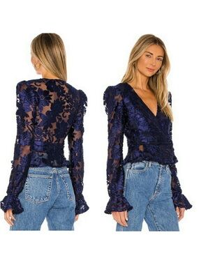 HOUSE OF HARLOW 1960 X REVOLVE Solana Blouse Blue Velvet Floral Small